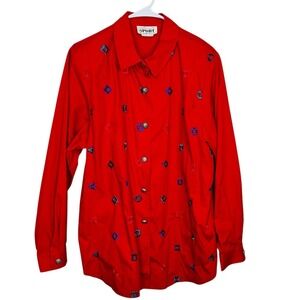 Sunny Sport by Sunny South Woman Red Embroidered Button Down Sz 16 Cotton Padded
